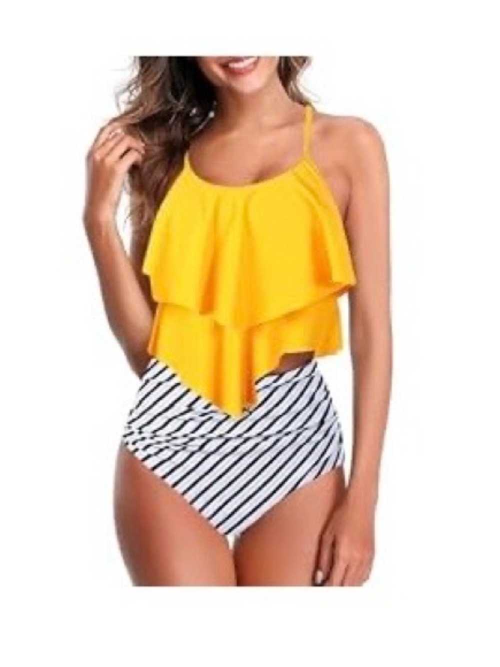 Yellow Ruffle Layered Bikini Set with Striped High-Waist Bottom
